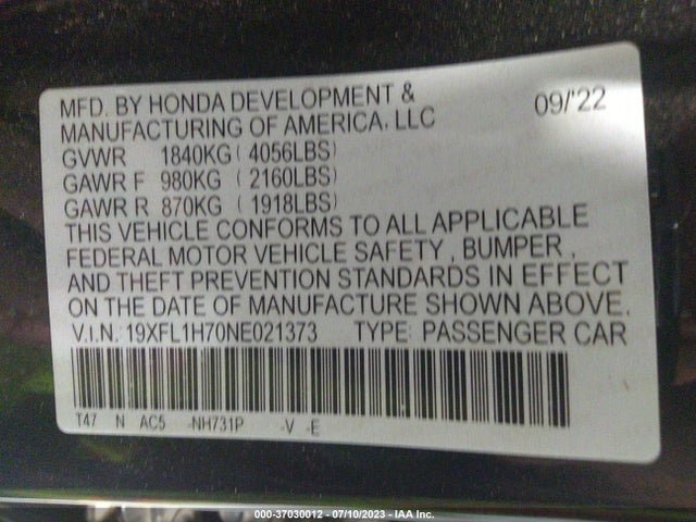 Honda Civic Hatchback Ex-l 2022 19XFL1H70NE021373 Image 9
