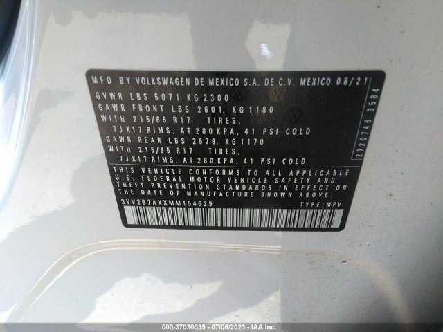 3VV2B7AXXMM154629 Volkswagen Tiguan Se/se R-line Black/sel