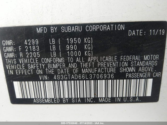 2020 SUBARU IMPREZA PREMIUM VIN: 4S3GTAD66L3706936