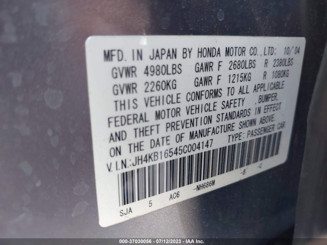 Продаж на аукціоні авто 2005 Acura Rl, vin: JH4KB16545C004147, номер лоту: 37030056