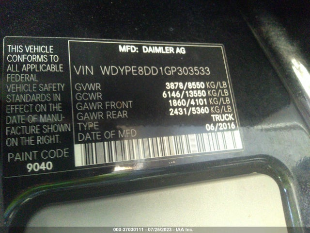 2016 Freightliner Sprinter, VIN: WDYPE8DD1GP303533