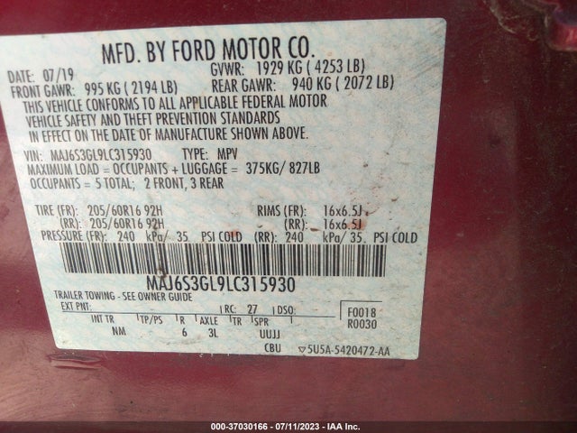 2020 FORD ECOSPORT SE VIN: MAJ6S3GL9LC315930