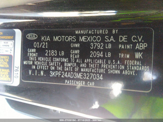 2021 KIA FORTE LXS VIN: 3KPF24AD3ME327034