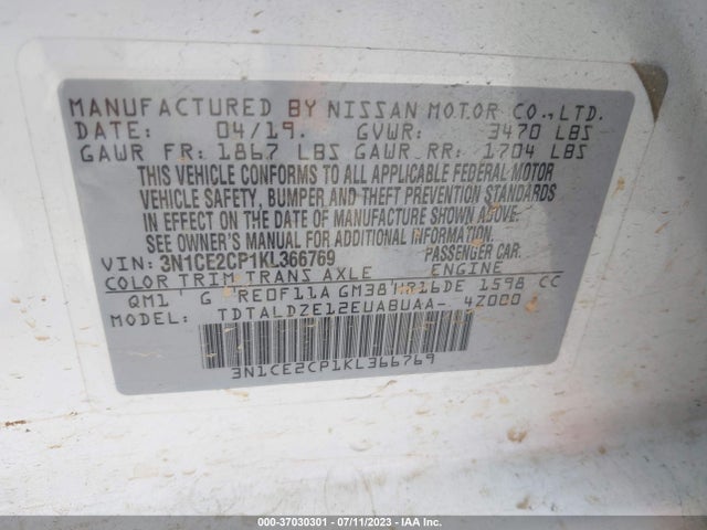 2019 NISSAN VERSA NOTE SV VIN: 3N1CE2CP1KL366769