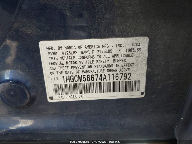 2004 HONDA ACCORD SDN EX VIN: 1HGCM56674A116792