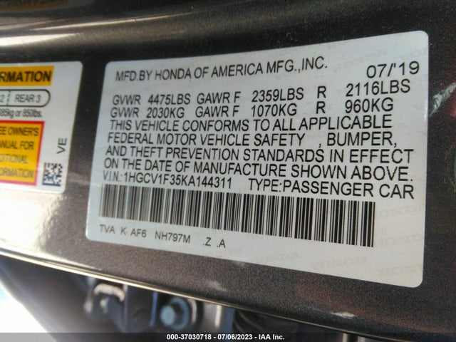 2019 HONDA ACCORD SEDAN SPORT 1.5T VIN: 1HGCV1F35KA144311