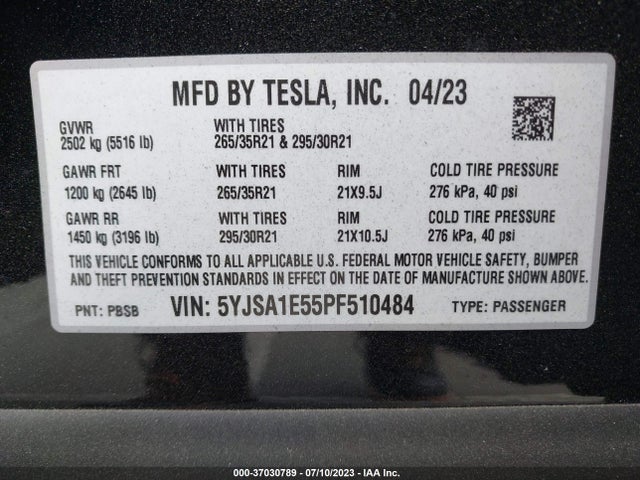 2023 Tesla Model S, VIN: 5YJSA1E55PF510484