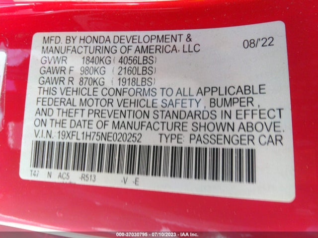 Honda Civic Hatchback Ex-l 2022 19XFL1H75NE020252 Image 9