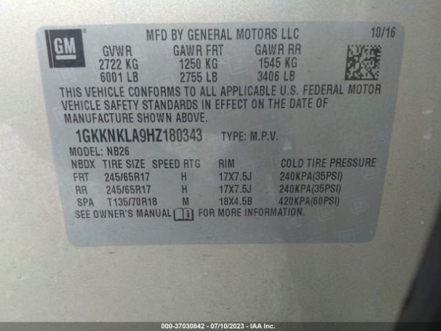 1GKKNKLA9HZ180343 GMC ACADIA SLE