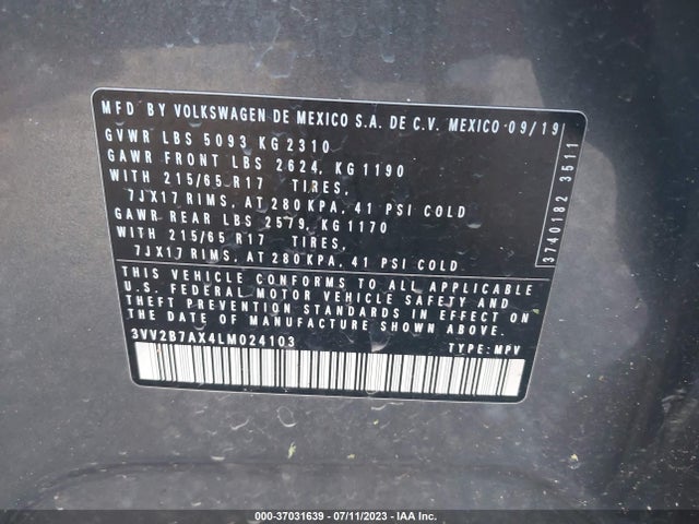 3VV2B7AX4LM024103 Volkswagen Tiguan Se/sel/se R-line Black