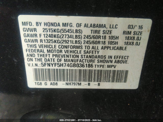 Honda Pilot Ex-l 2016 5FNYF5H74GB036186 Image 9