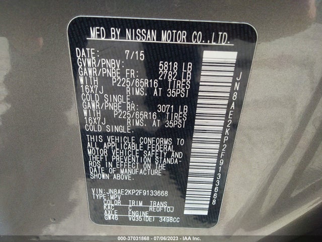 2015 Nissan Quest, VIN: JN8AE2KP2F9133668