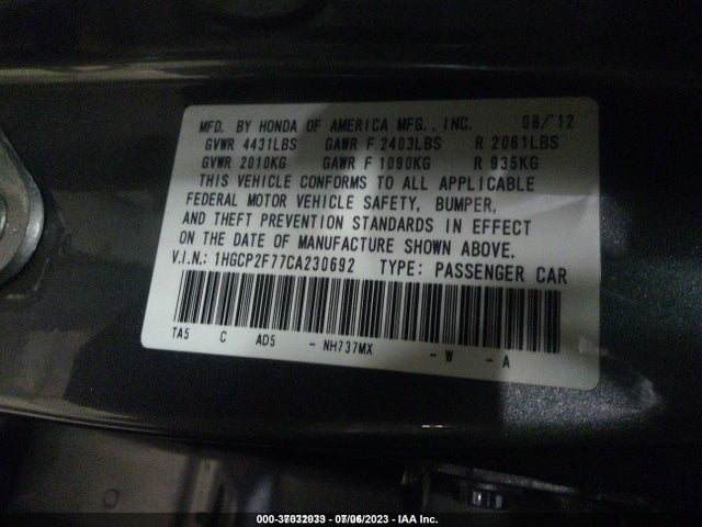 2012 HONDA ACCORD SDN EX VIN: 1HGCP2F77CA230692
