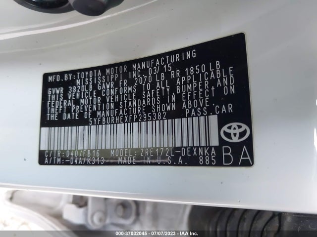 2015 TOYOTA COROLLA L/LE/S/S PLUS/LE PLUS VIN: 5YFBURHEXFP295382