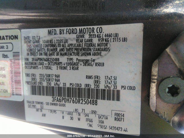 2013 FORD FUSION SE VIN: 3FA6P0H76DR250488