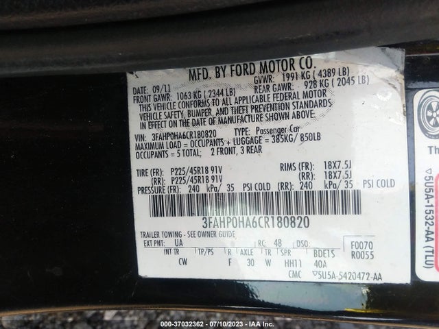 2012 FORD FUSION SE VIN: 3FAHP0HA6CR180820