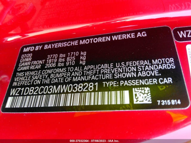 2021 Toyota Supra, VIN: WZ1DB2C03MW038281