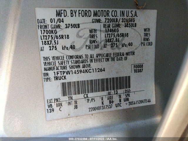 2004 FORD F-150 XLT/FX4/LARIAT VIN: 1FTPW14594KC11264
