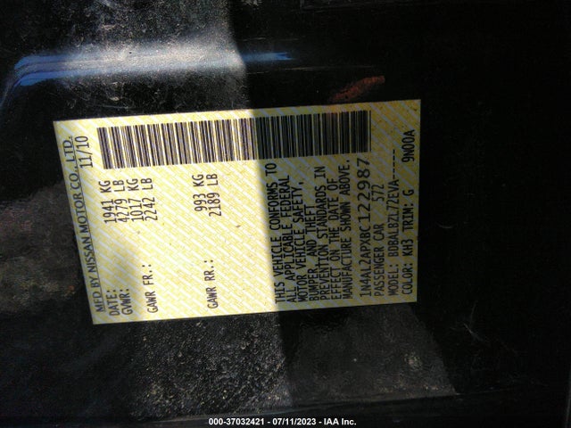2011 NISSAN ALTIMA 2.5 S VIN: 1N4AL2APXBC122987