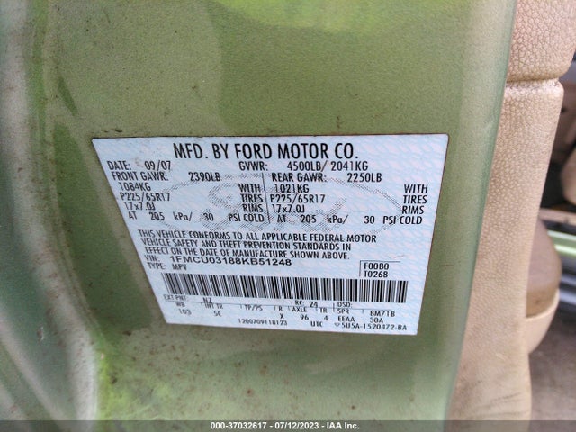 2008 FORD ESCAPE XLT VIN: 1FMCU03188KB51248