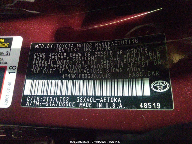 Toyota Avalon Touring 2016 4T1BK1EB0GU209045 Image 9
