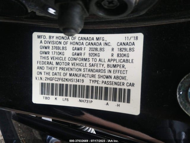 Honda Civic Sedan Lx 2019 2HGFC2F62KH513419 Image 9