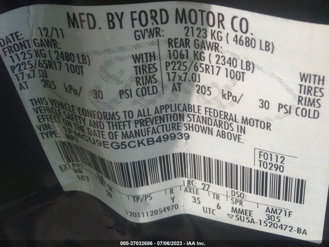 2012 FORD ESCAPE LIMITED VIN: 1FMCU9EG5CKB49939