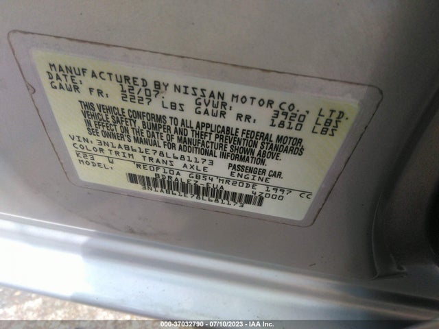 Продаж на аукціоні авто 2008 Nissan Sentra 2.0 S, vin: 3N1AB61E78L681173, номер лоту: 37032790
