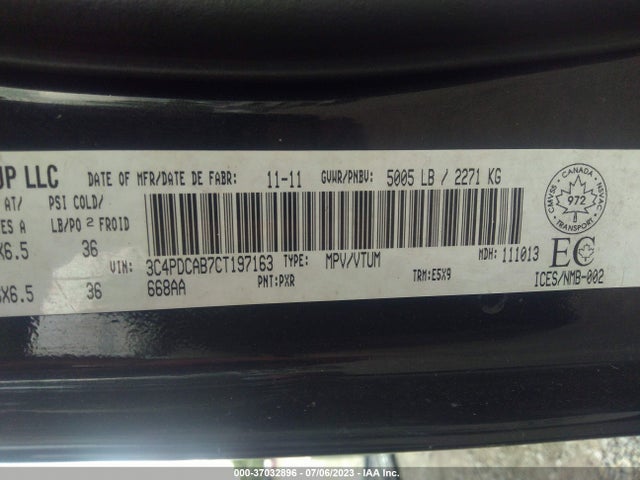 2012 DODGE JOURNEY CANADA VALUE PKG VIN: 3C4PDCAB7CT197163