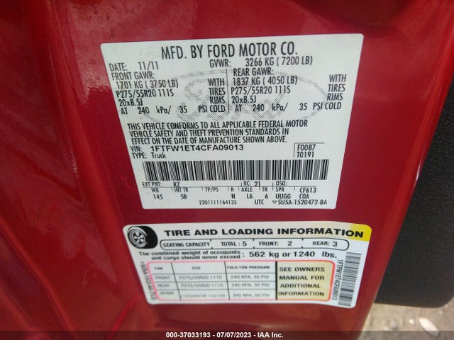 2012 FORD F-150 XL/XLT/FX4/LARIAT VIN: 1FTFW1ET4CFA09013