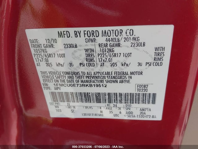 2011 FORD ESCAPE LIMITED VIN: 1FMCU0E73BKB19512