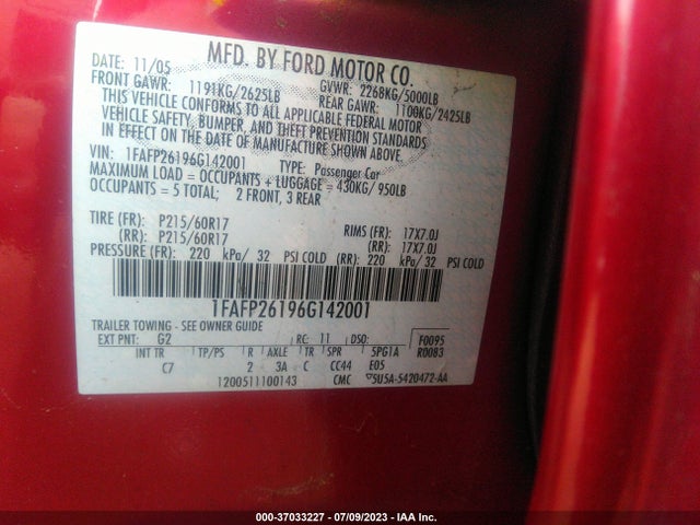 2006 FORD FIVE HUNDRED SE VIN: 1FAFP26196G142001
