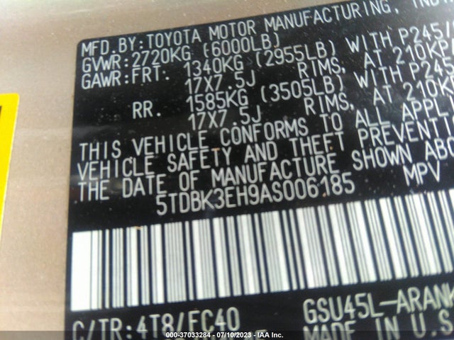 2010 TOYOTA HIGHLANDER BASE VIN: 5TDBK3EH9AS006185
