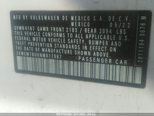 3VWEM7BU8NM017987 Volkswagen JETTA SE