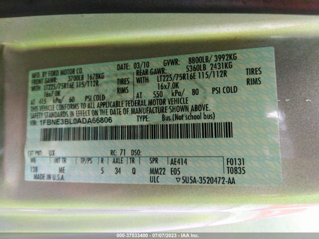 2010 FORD ECONOLINE WAGON XL/XLT VIN: 1FBNE3BL0ADA66806