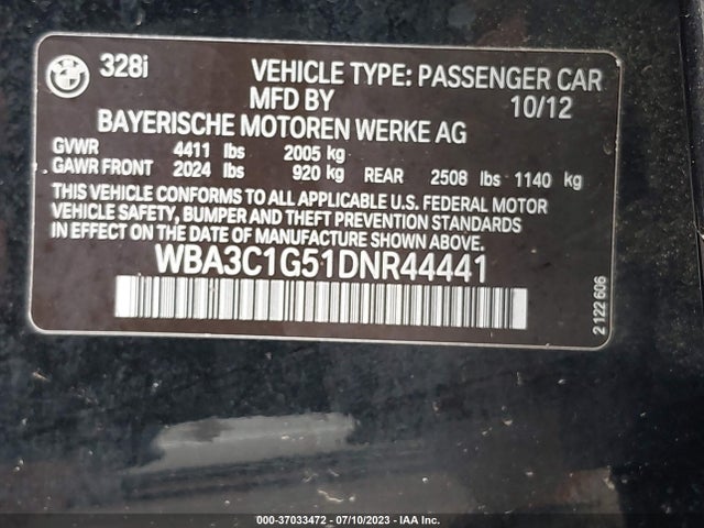2013 BMW 3 SERIES 328I VIN: WBA3C1G51DNR44441