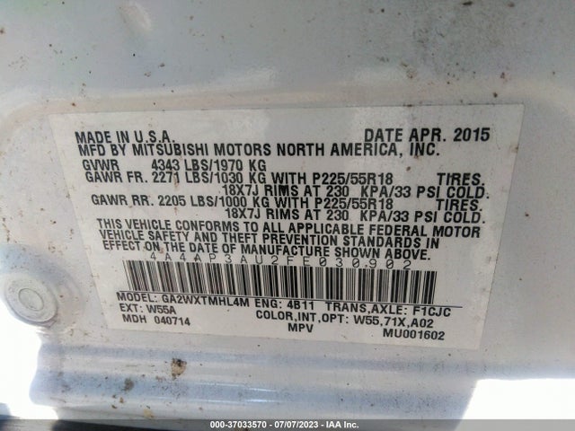 4A4AP3AU2FE030902 Mitsubishi Outlander Sport Es