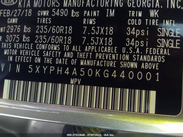 5XYPH4A50KG440001 KIA Sorento Ex V6