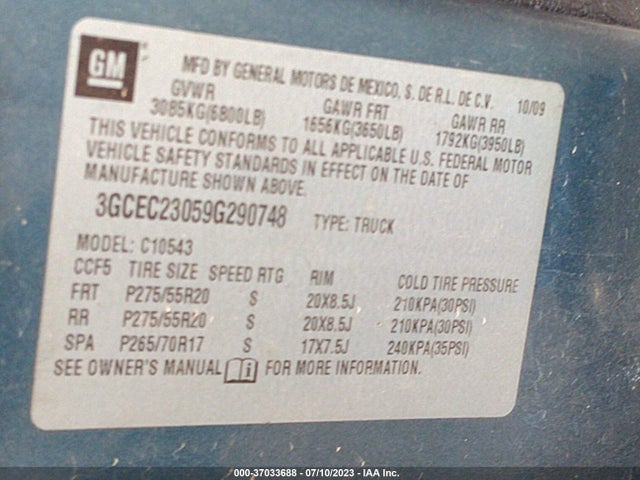 2009 CHEVROLET SILVERADO 1500 LT VIN: 3GCEC23059G290748