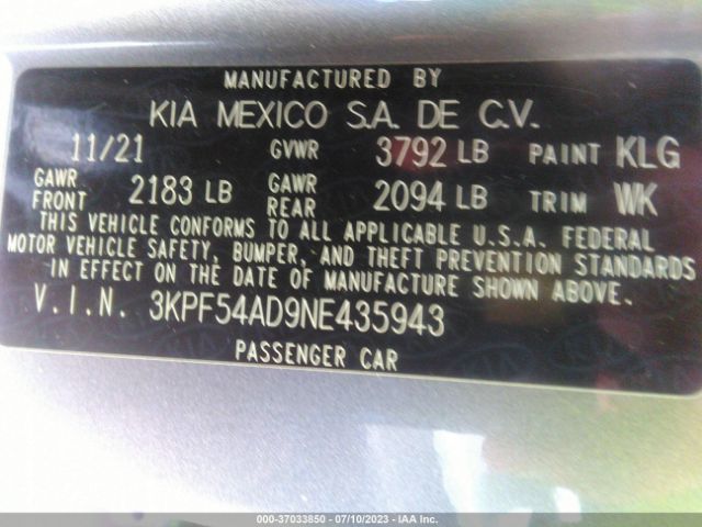 3KPF54AD9NE435943 KIA Forte Gt-line