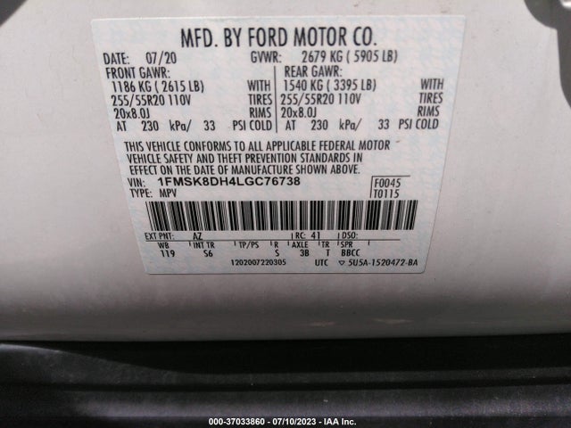 2020 FORD EXPLORER XLT VIN: 1FMSK8DH4LGC76738