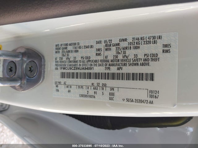 1FMCU9CZ8NUA94091 Ford Escape Sel Hybrid