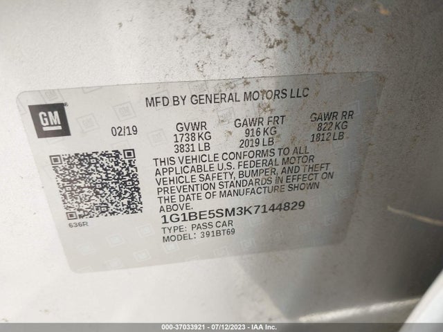 Chevrolet CRUZE LT 2019 1G1BE5SM3K7144829 Image 9