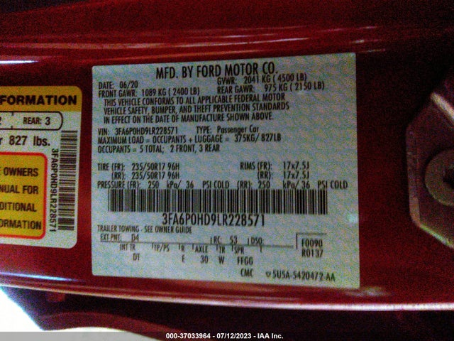 Ford FUSION SE 2020 3FA6P0HD9LR228571 Image 9