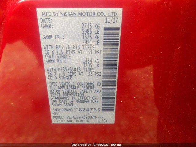 2018 NISSAN PATHFINDER SV VIN: 5N1DR2MN1JC624765