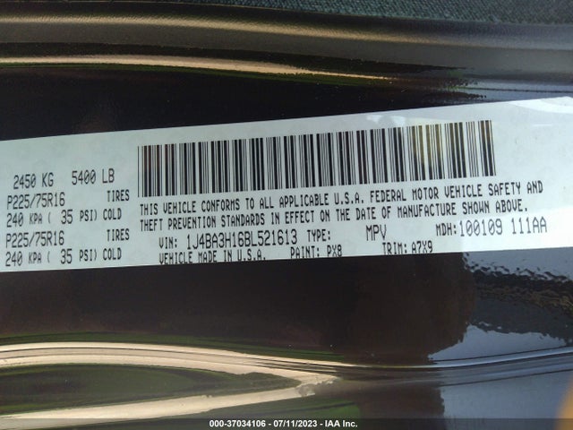 2011 JEEP WRANGLER UNLIMITED SPORT VIN: 1J4BA3H16BL521613
