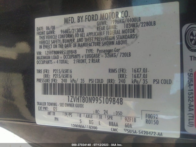 2009 FORD MUSTANG VIN: 1ZVHT80N995109848