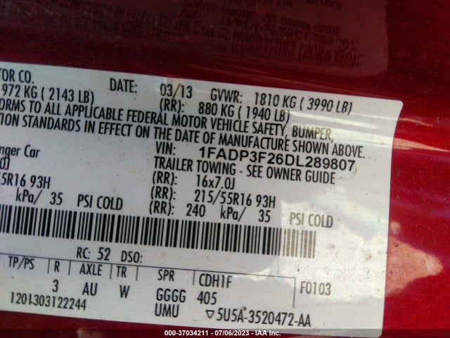 2013 FORD FOCUS SE VIN: 1FADP3F26DL289807