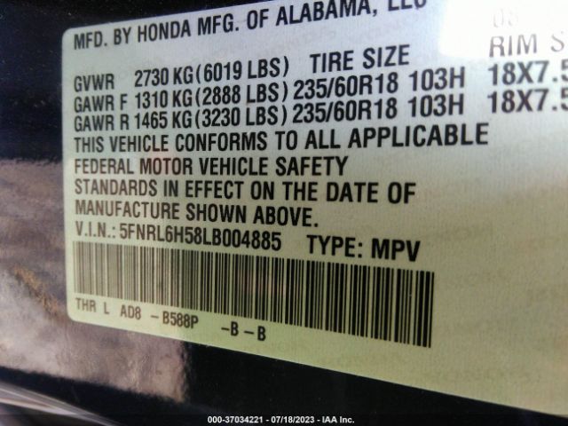 5FNRL6H58LB004885 Honda ODYSSEY EX