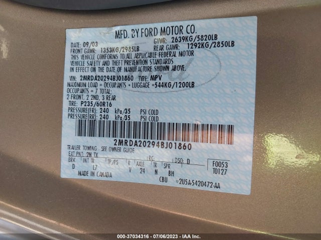 2004 MERCURY MONTEREY CONVENIENCE/LUXURY VIN: 2MRDA20294BJ01860